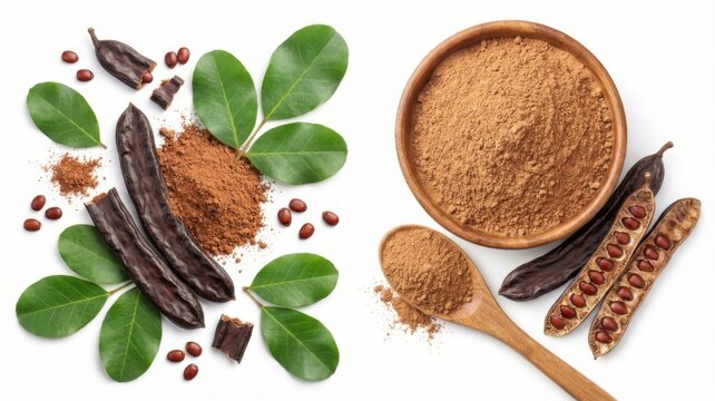 Carob pods and carob powder with green leaves isolated on white background top view