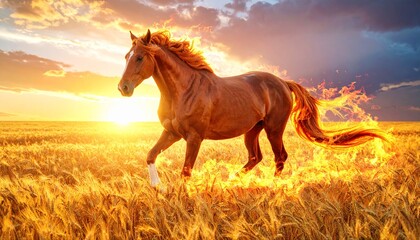 Fiery Horse Galloping Through Golden Wheat Field at Sunset.