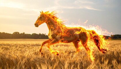 Fiery Horse Galloping Through Golden Wheat Field at Sunset.