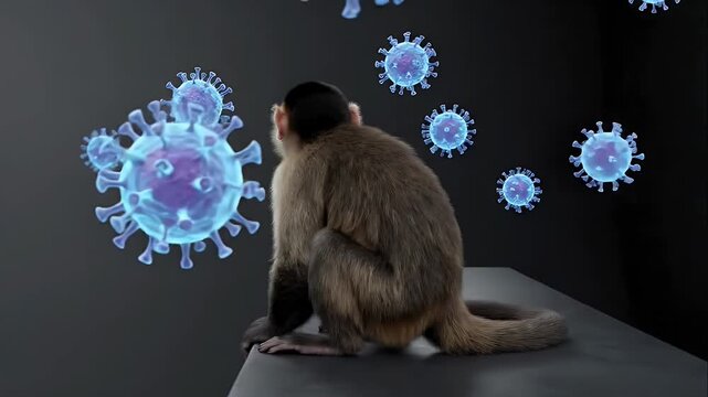 Monkey in a scientific laboratory surrounded by floating virus cells.