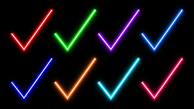 Neon tik mark icon. Glowing check mark icon vector. Varity neon color icon on black background.