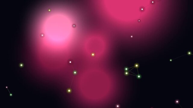 Abstract digital network of glowing particles and blurred magenta orbs against a dark background, illustrating complex data connections or a cosmic lightscape