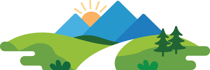 Naklejka premium Mountain Sunrise Landscape Outline Icon Set Winding Road and Nature Scenery