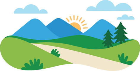 Fototapeta premium Mountain Sunrise Landscape Outline Icon Set Winding Road and Nature Scenery