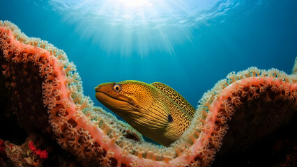 Obraz premium Yellow Moray Eel Peeking from Vibrant Red Coral with Sunrays Breaking Through Surface