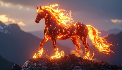 Fiery Horse Standing on Mountain Peak at Sunset.