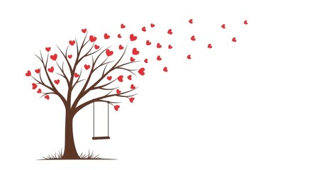 Obraz premium Tree with swing and hearts blowing in the wind on white