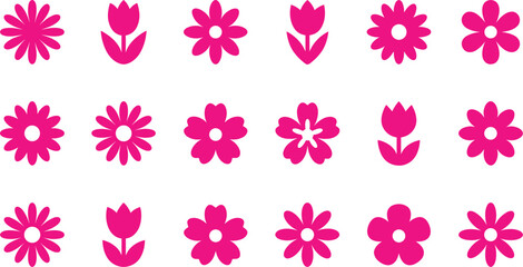 Pink flower icons set with simple floral shapes and blossoms, ideal for spring designs, feminine branding, stickers, patterns and greeting cards © ArtMint