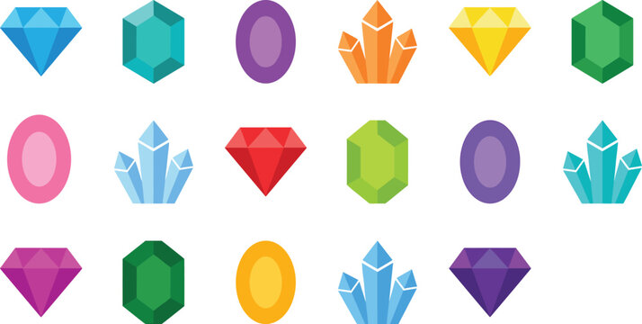 Colorful gemstones and crystals icons set, including diamonds and jewel shapes, perfect for jewelry branding, luxury designs, game assets and treasure themes
