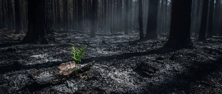 Green Seedling in Burned Forest After Wildfire, Recovery Hope
