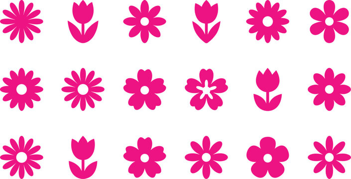 Pink flower icons set with simple floral shapes and blossoms, ideal for spring designs, feminine branding, stickers, patterns and greeting cards