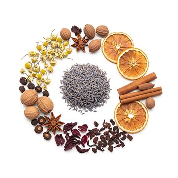 A vibrant array of spices and dried fruits arranged in a circular pattern. isolated on transparent background, isolated on white background, illustration