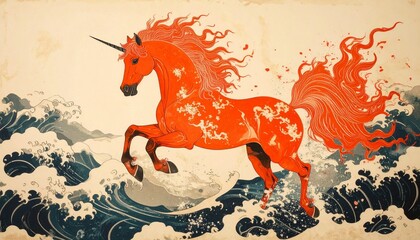 Fiery Unicorn Galloping Through Ocean Waves - A Vibrant Fantasy Art Piece.