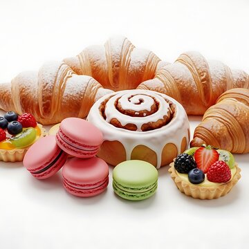Assorted pastries and desserts arranged on a white background with fresh fruits isolated on transparent background, isolated on white background, illustration