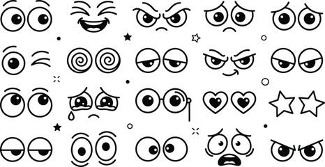 Cartoon face and eyes doodle set in black and white with many emotions and expressions, ideal for stickers, comics, chat reactions, games and character design © ArtMint