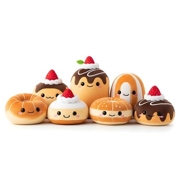 A delightful array of plush donuts with charming faces and colorful toppings isolated on transparent background, isolated on white background, illustration