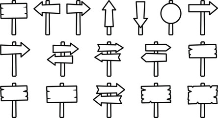 Hand drawn direction signpost icons set in black outline style with arrows and blank boards, perfect for maps, navigation, travel guides and infographic design © ArtMint