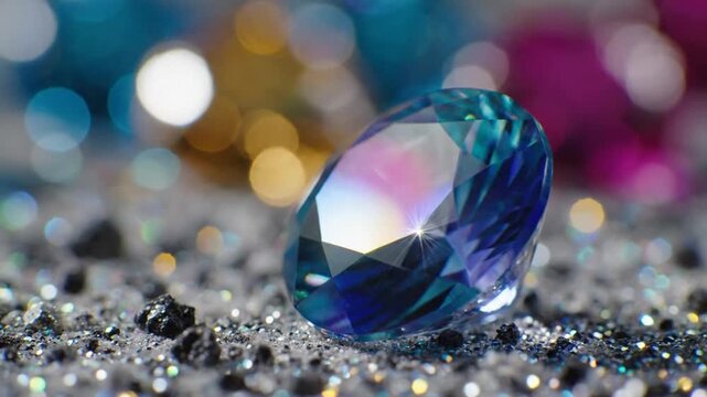 A blue diamond on a bed of sparkling silver glitter from a close-up viewpoint