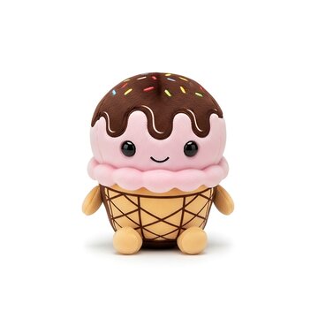 Adorable ice cream cone plush toy with chocolate drizzle and sprinkles isolated on transparent background, isolated on white background, illustration