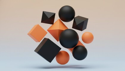 Abstract 3D geometric shapes floating in space on a gradient background