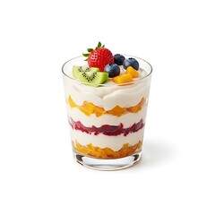 A vibrant fruit parfait with layers of yogurt and colorful fruit toppings isolated on transparent background, isolated on white background, illustration