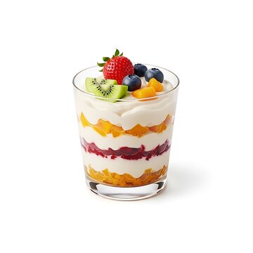 A vibrant fruit parfait with layers of yogurt and colorful fruit toppings isolated on transparent background, isolated on white background, illustration