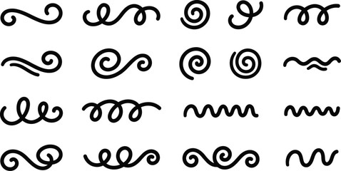 Hand drawn swirl and flourish doodles set in black with curls, spirals and decorative strokes for dividers, ornaments, calligraphy and invitations