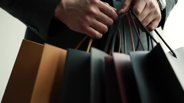Close-up of a person holding multiple colorful shopping bags, symbolizing retail therapy, consumer lifestyle, and modern shopping experience, with focus on hands and luxury packaging.
