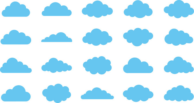 Blue cloud icons set in flat style with different sky cloud shapes, ideal for weather apps, UI elements, forecast graphics and infographic design