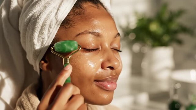 A serene woman using a jade roller for skincare in a peaceful environment