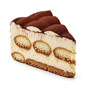 A delicious slice of tiramisu cake with a rich chocolate topping and almonds isolated on transparent background, isolated on white background, illustration