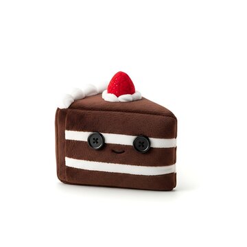 A charming plush toy resembling a slice of chocolate cake with a cheerful face. isolated on transparent background, isolated on white background, illustration