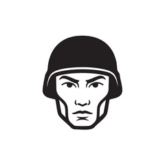 Soldier face portrait, strong determined expression, minimalist vector illustration for military themes