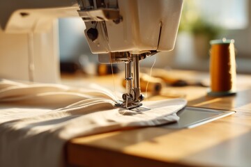 Close-Up of a Sewing Machine in Action Stitching Fabric on a Wooden Table