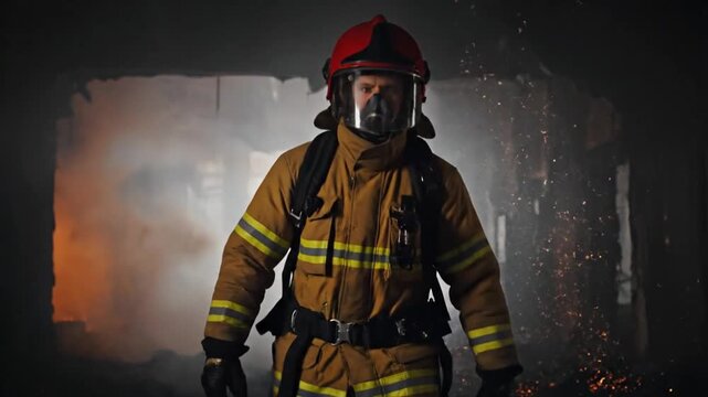 Brave firefighter in full protective gear stands amidst smoke and fire for a dramatic emergency.