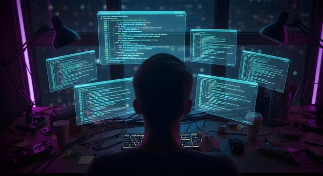 Over the shoulder view of a developer looking at floating screens of program code, matrix style green and blue text