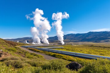 Volcanic Landscape with Pipeline Network and Steam in Scenic Terrain