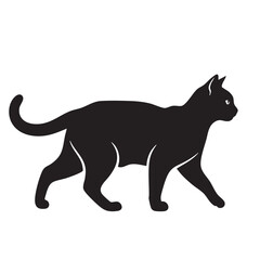Obraz premium Silhouette of a walking cat, black and white vector illustration, elegant feline animal icon