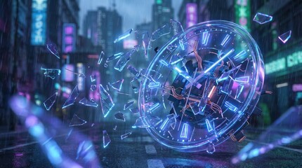 Abstract Cyberpunk Clock Shattering in Neon City Rain, Time Concept