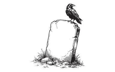 Fototapeta premium Gothic illustration of a black raven perched atop an old, blank gravestone. Hand-drawn engraving style.
