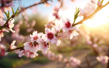 Obraz premium Stunning Almond Orchard Blossoms Bathed in Golden Sunrise Light
