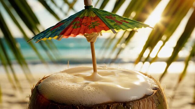 Refreshing Coconut Drink with Umbrella, Tropical Beach, Beverage Photography, Sunlit Environment, Close-up Perspective
