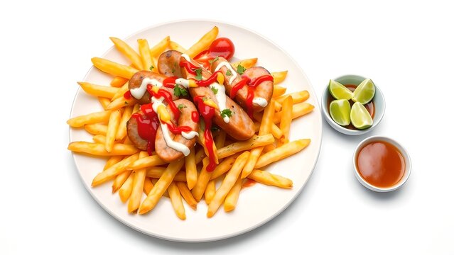 Savory fast food platter of golden fries and grilled sausage topped with ketchup and mayonnaise. Traditional Latin American salchipapa featuring crispy french fries and sliced sausages with sauces.