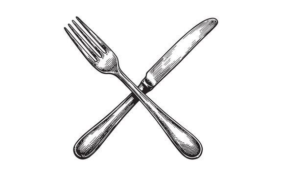 Crossed elegant metal dinner fork and table knife representing dining and culinary arts. Hand-drawn engraving style.