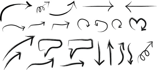 Hand drawn arrow set featuring curved, straight, dotted, and swirled arrows design