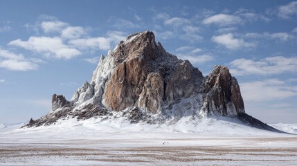 Majestic Snow Covered Mountain Peak Under a Cloudy Sky.