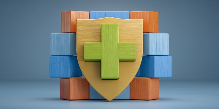 Pediatric healthcare concept shows colorful wooden blocks forming cross and shield, representing coverage and medical aid for families in 3D.