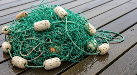 Pile of green fishing nets with white floats on wet wooden dock surface