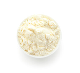 Bowl with collagen powder isolated on white background, closeup
