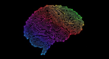 Fototapeta na wymiar Vibrant circuit board brain with rainbow colors on black background